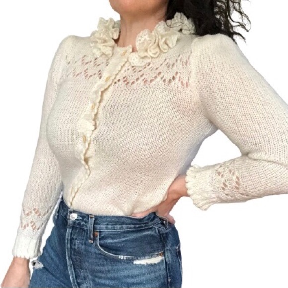 Vtg Puff Sleeve Pockets Ruffle Cut Work Knit Granny Grandma Cardigan Sweater S/M - Picture 16 of 17